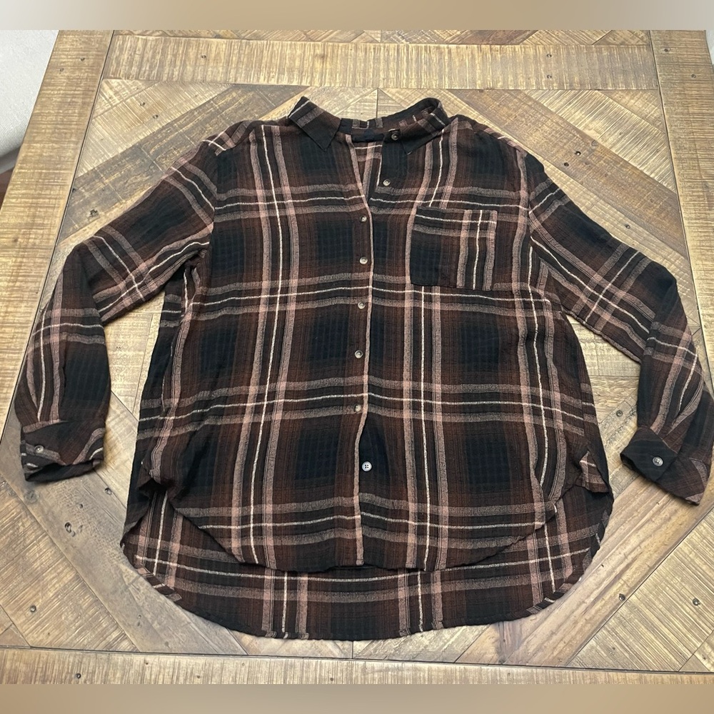 Jane and Delancey Plaid Button Down Shirt - Black and Brown